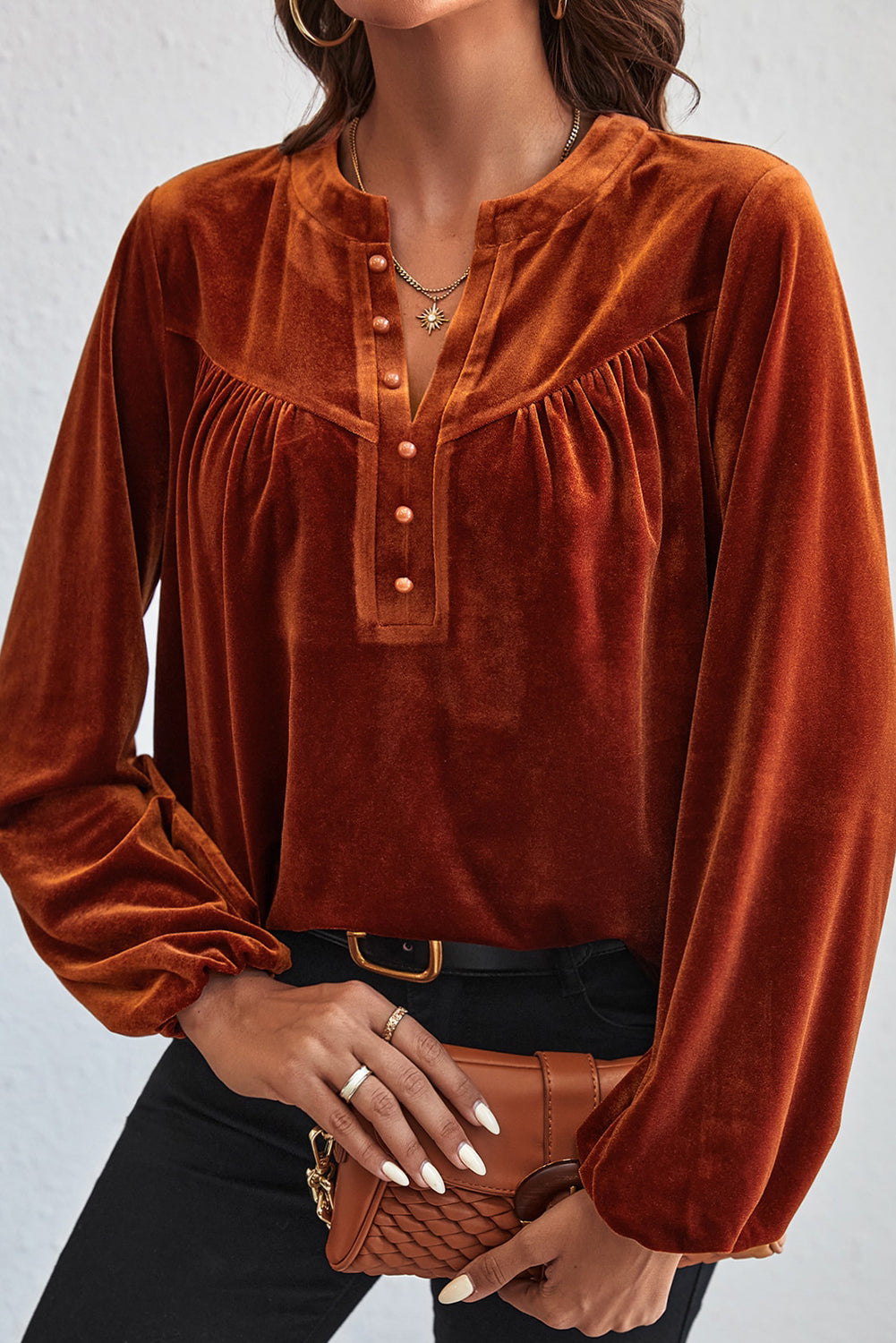 Gold Flame Velvet Beaded V Neck Lantern Sleeve Top