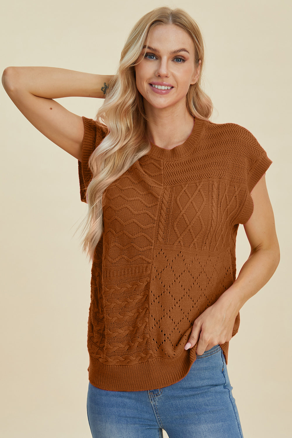 Double Take Full Size Cable-Knit Round Neck Cap Sleeve Sweater | Maekery Studio