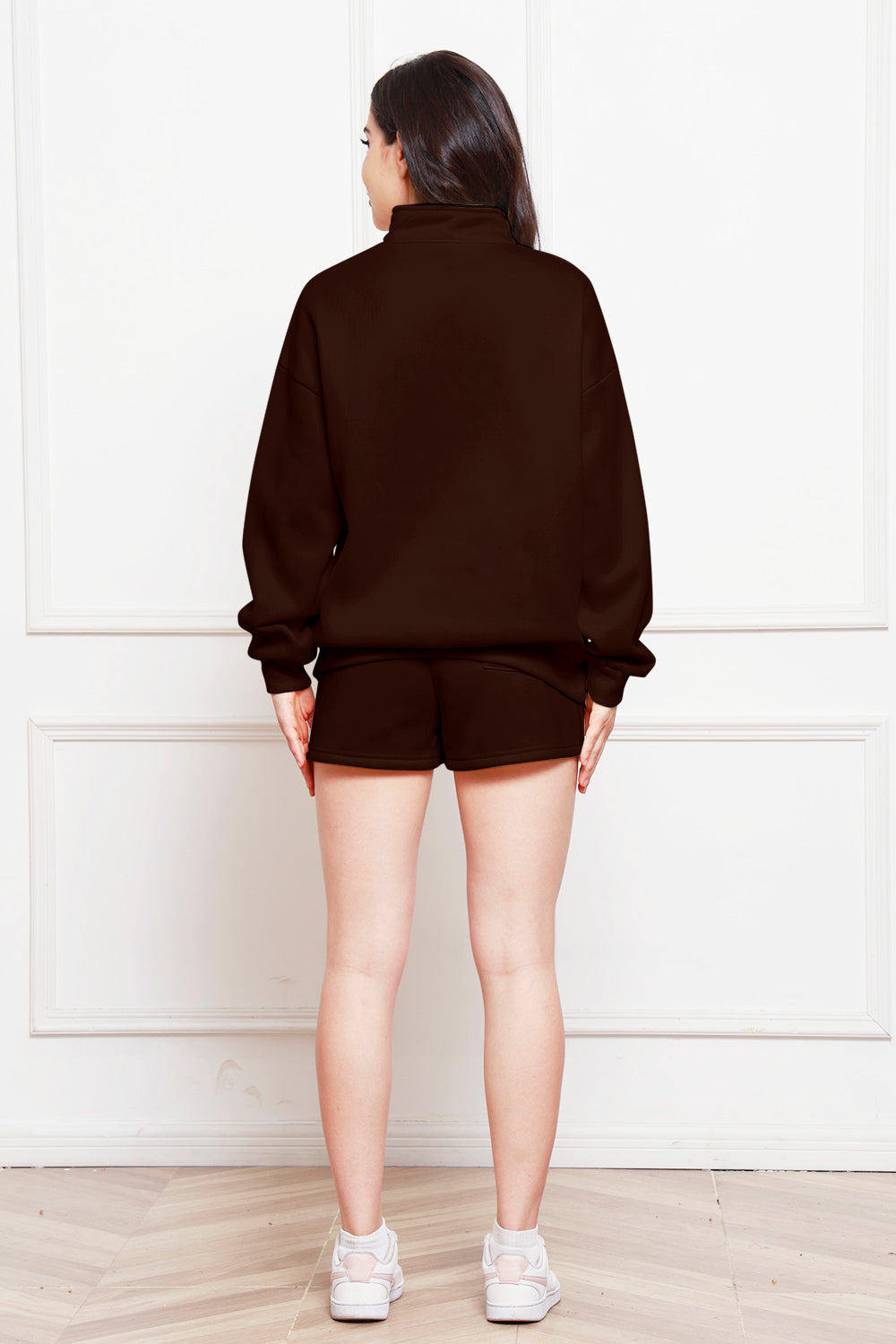 Half Zip Long Sleeve Sweatshirt and Drawstring Shorts Set | Maekery Studio