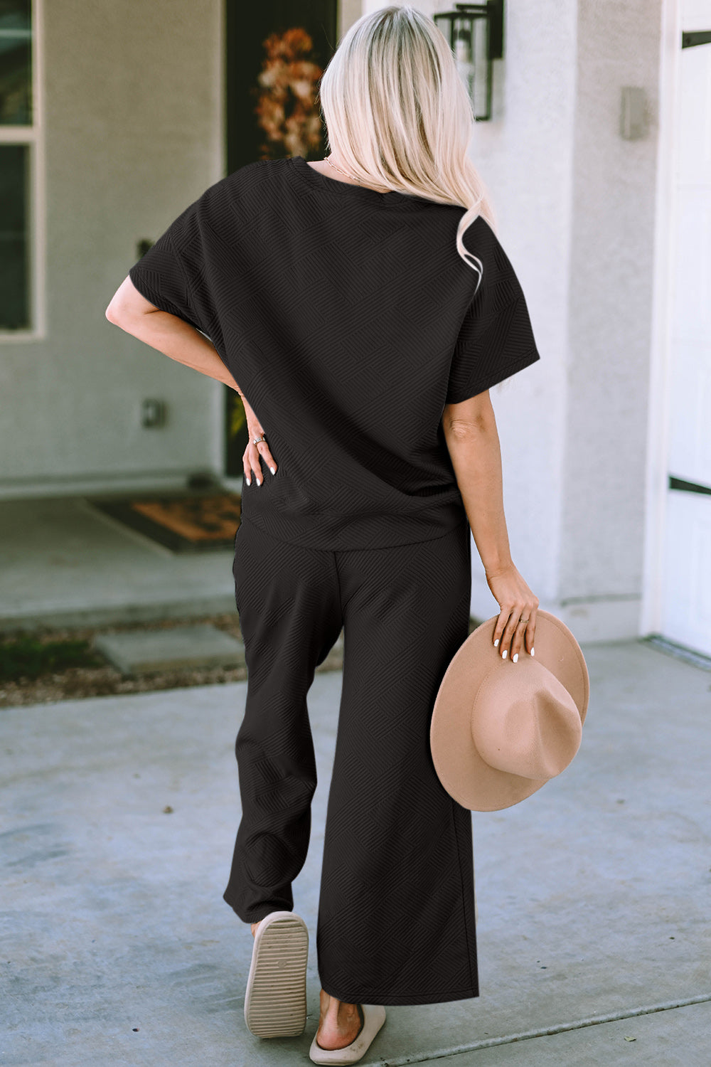 Double Take Full Size Texture Short Sleeve Top and Pants Set | Maekery Studio