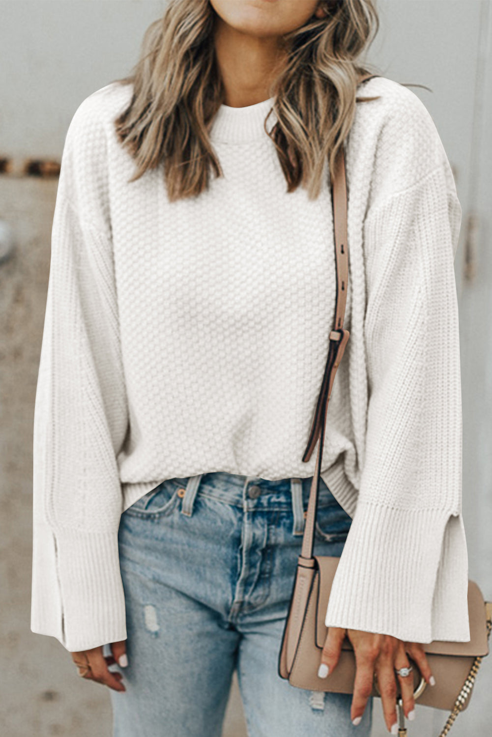 Textured Round Neck Long Sleeve Sweater | Maekery Studio