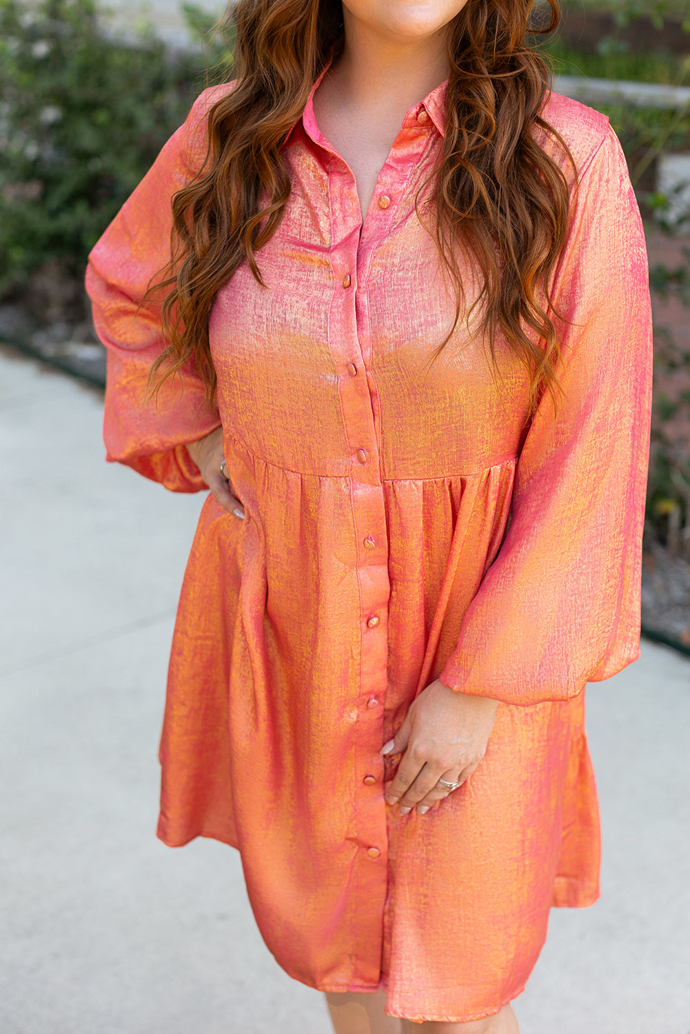 Peach Blossom Metallic Button-up Balloon Sleeve Plus Size Mini Dress | Maekery Studio