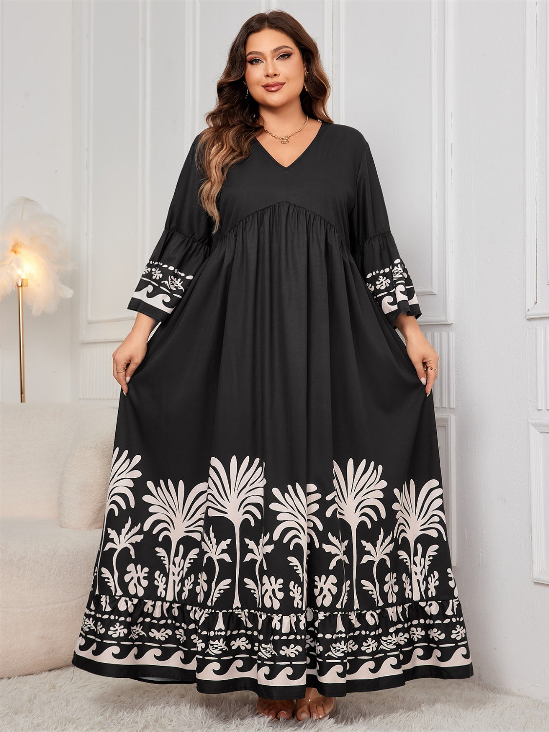 Honey Plus Size Printed V-Neck Long Sleeve Maxi Dress | Maekery Studio