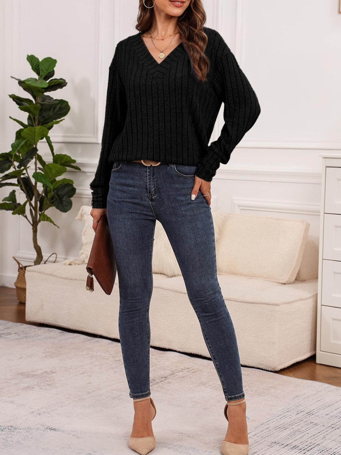 Ribbed V-Neck Long Sleeve T-Shirt | Maekery Studio