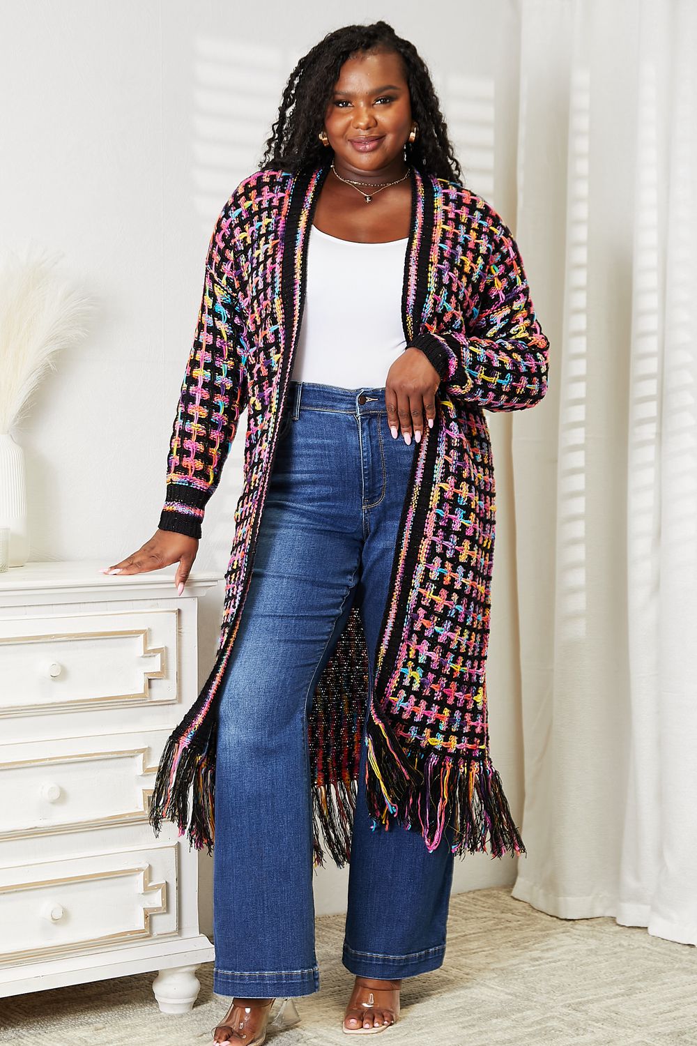 Angel Wings Full Size Multicolored Open Front Fringe Hem Cardigan | Maekery Studio