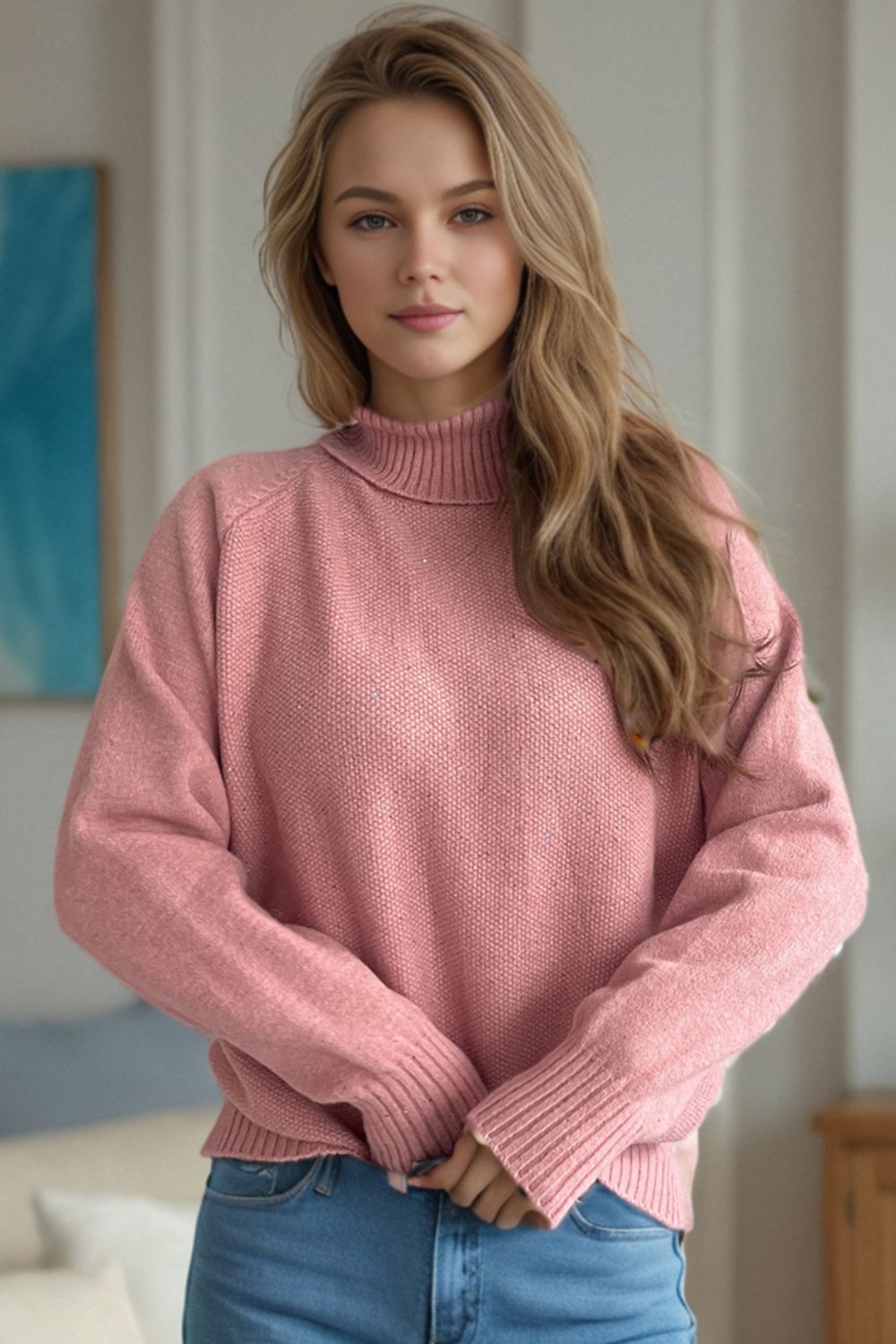 Ribbed Turtleneck Raglan Sleeve Sweater