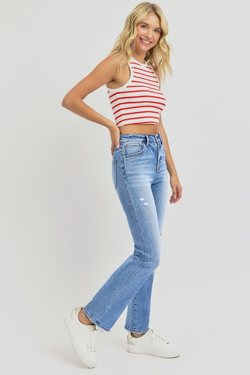 RISEN Full Size Distressed High-Rise Ankle Straight Jeans | Maekery Studio