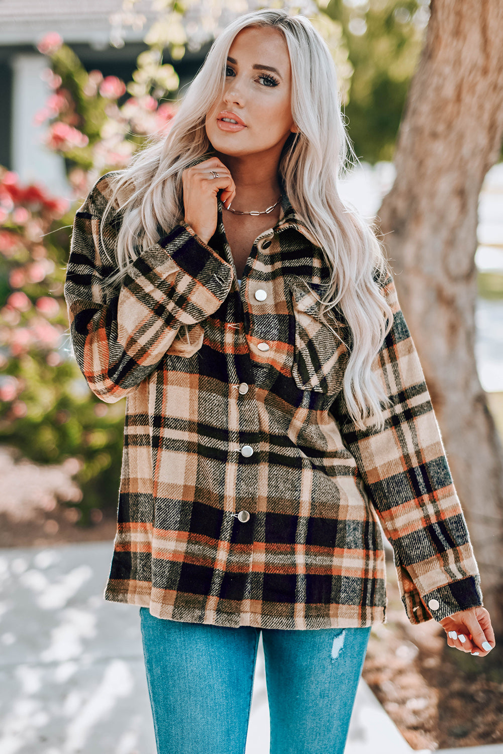 Plaid Button Front Shirt Jacket with Breast Pockets | Maekery Studio