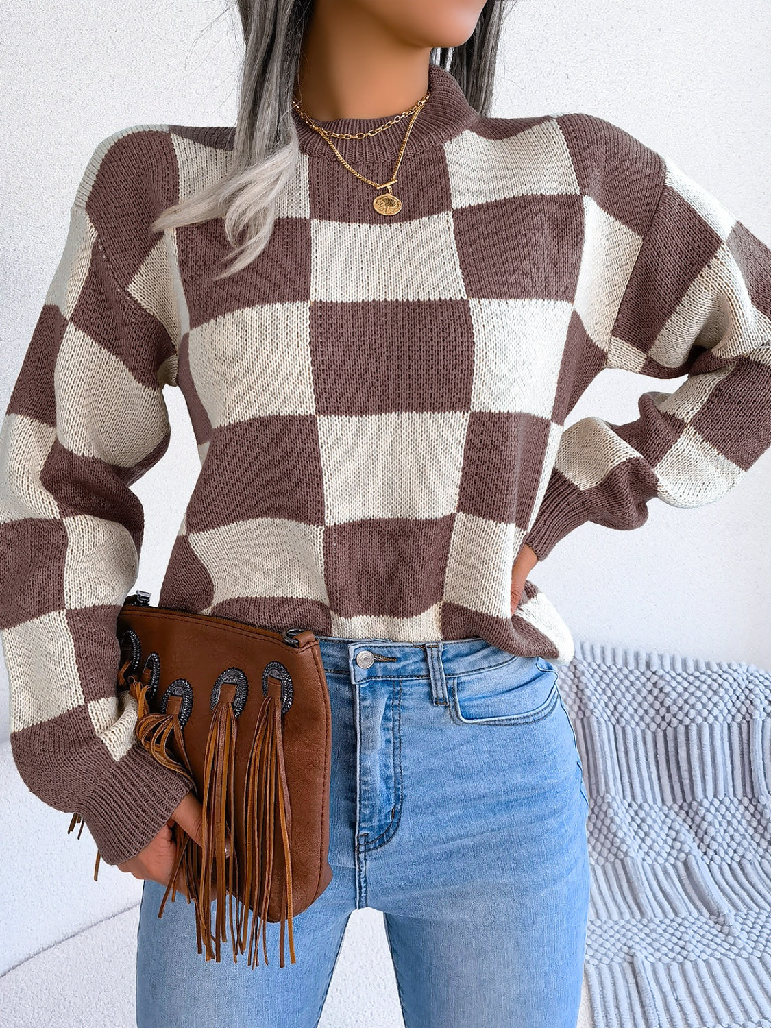 Checkered Mock Neck Long Sleeve Sweater | Maekery Studio