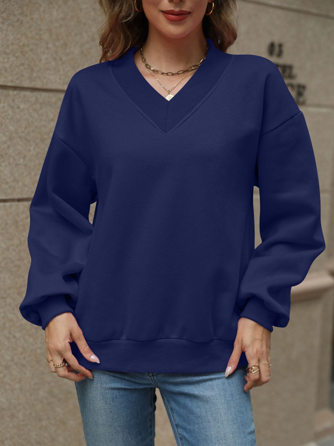 V-Neck Long Sleeve Dropped Shoulder Sweatshirt | Maekery Studio