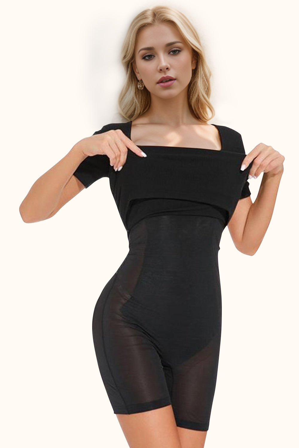 Basic Bae Full Size Built-In Shapewear Square Neck Short Sleeve Dress | Maekery Studio