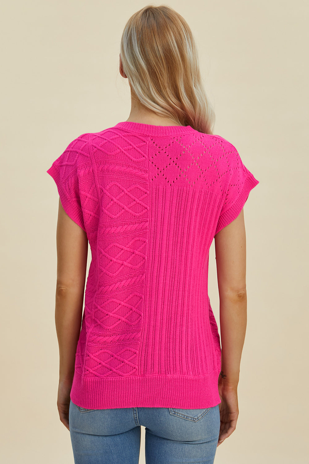 Double Take Full Size Cable-Knit Round Neck Cap Sleeve Sweater | Maekery Studio