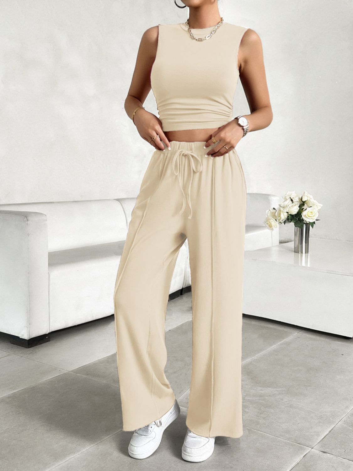 Devine Mock Neck Sleeveless Top and Drawstring Pants Set | Maekery Studio