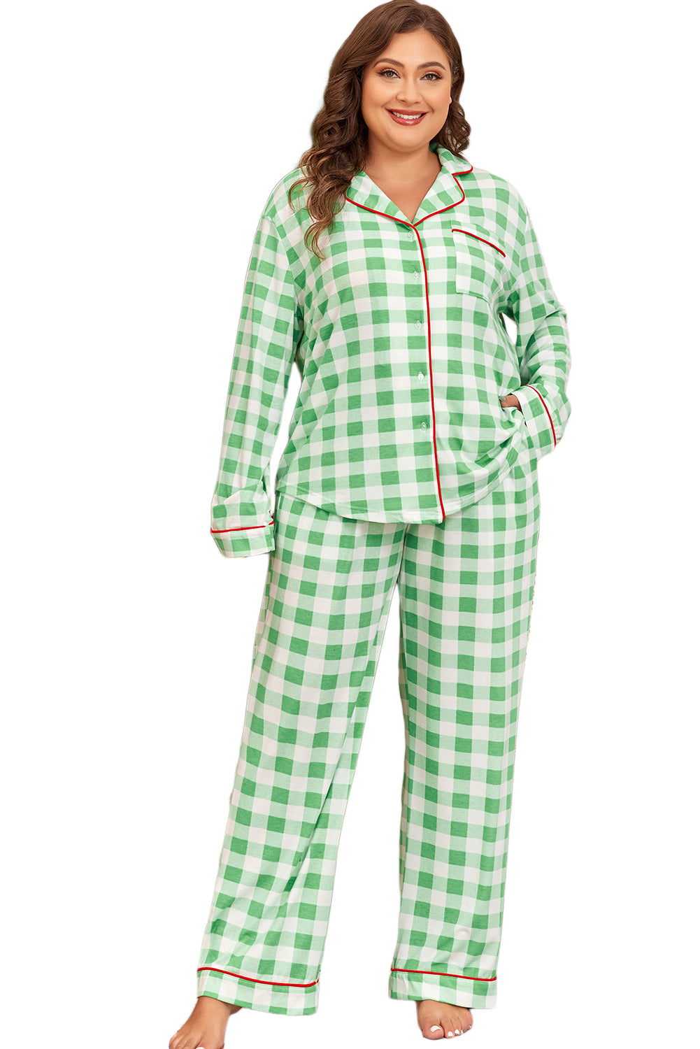 Green Plaid Print Piping Trim Long Sleeve Plus Size Pajama Set