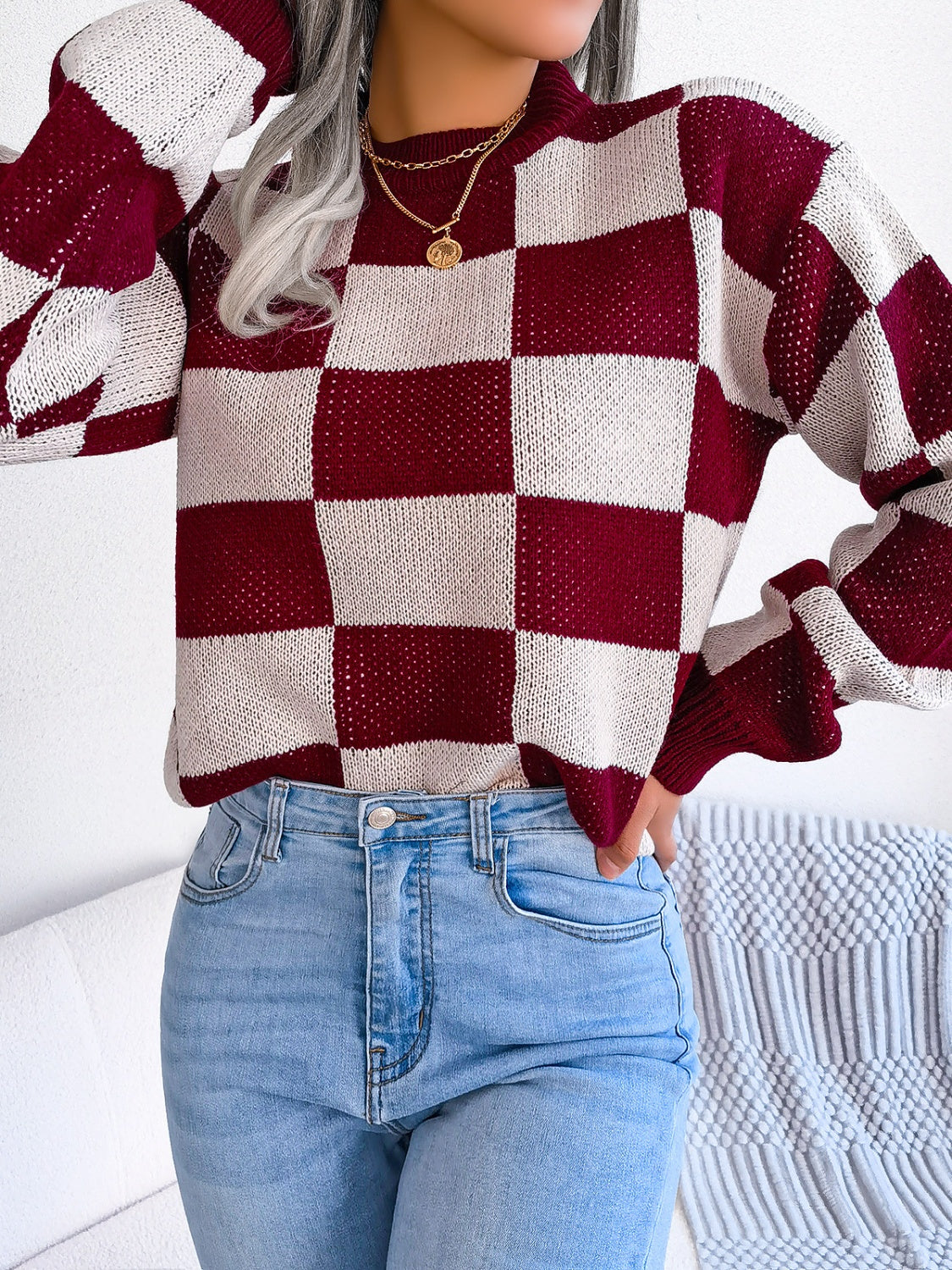 Checkered Mock Neck Long Sleeve Sweater | Maekery Studio