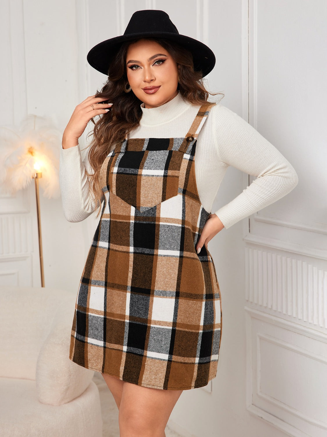 Honey Plus Size Plaid Wide Strap Overall Dress | Maekery Studio