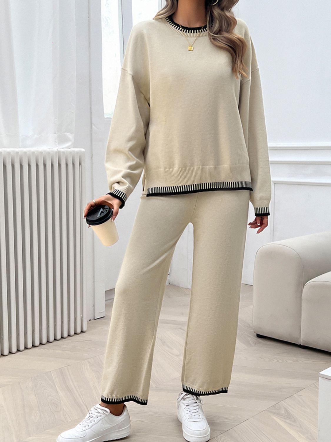 Devine Round Neck Dropped Shoulder Top and Pants Sweater Set | Maekery Studio