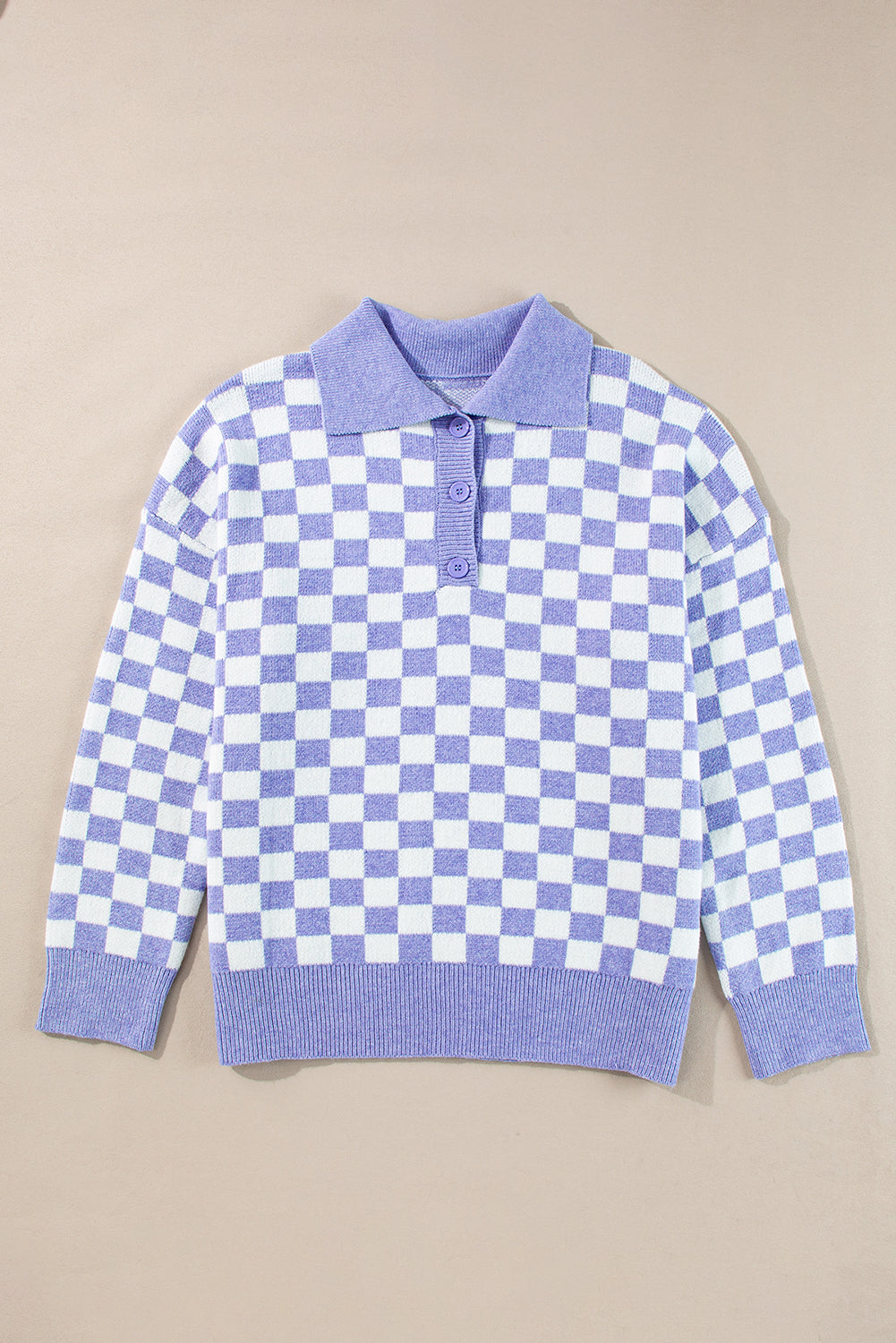 Purple Checkered Collared Buttons Plus Size Sweater | Maekery Studio