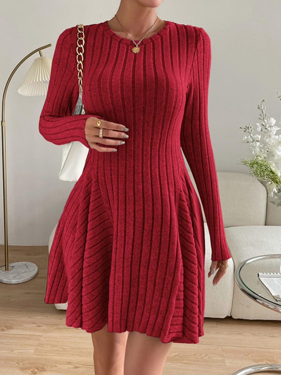 Ribbed Round Neck Long Sleeve Dress | Maekery Studio