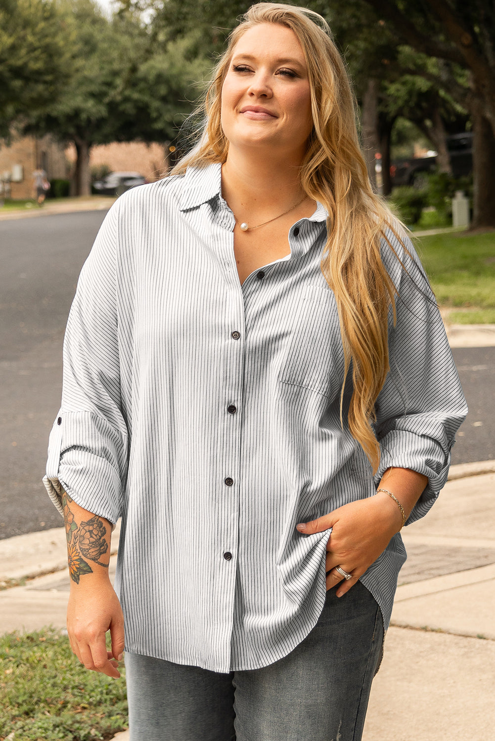 White Stripe Rolled Tab Sleeve Buttoned Plus Size Shirt | Maekery Studio