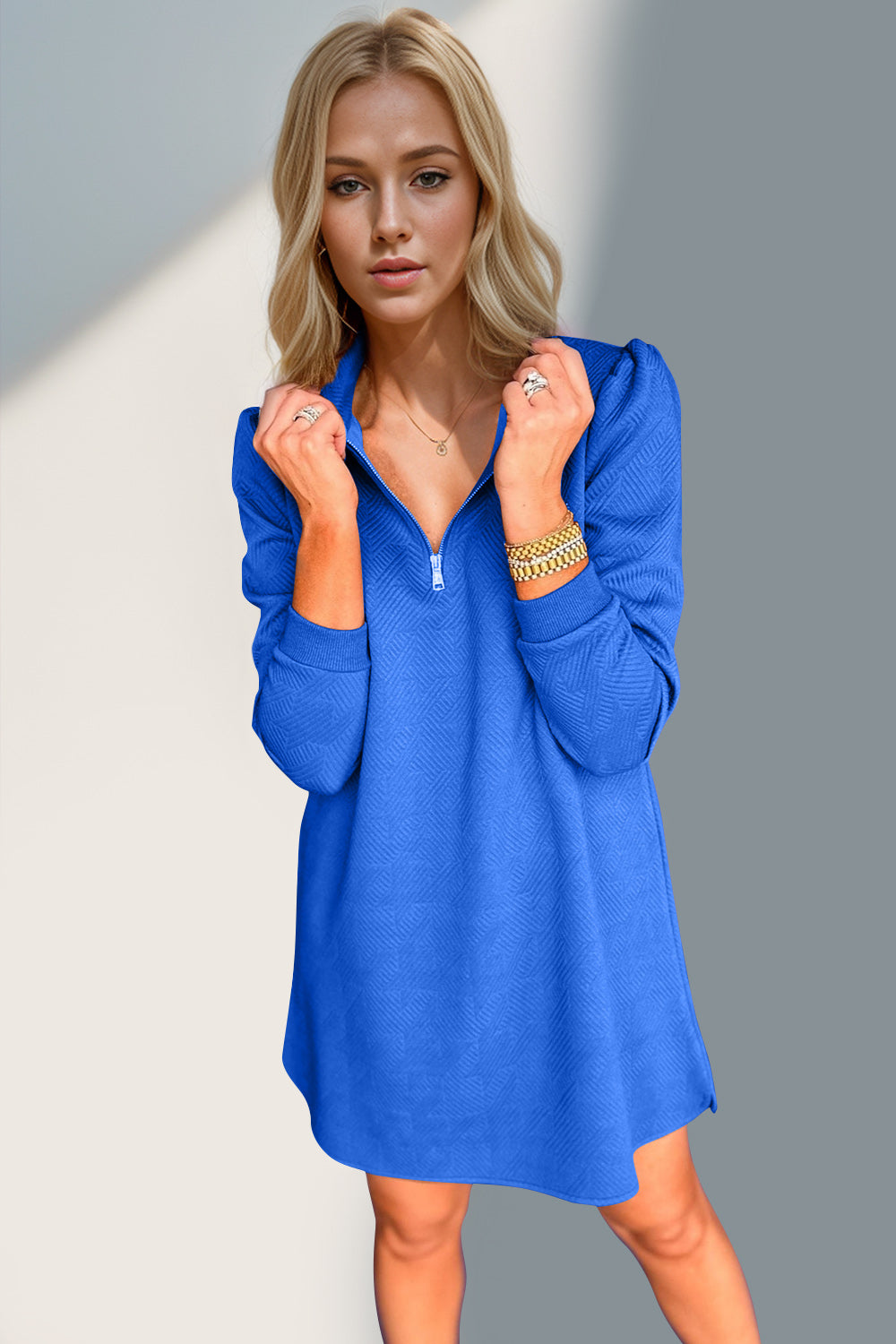 Double Take Textured Quarter Zip Long Sleeve Dress | Maekery Studio