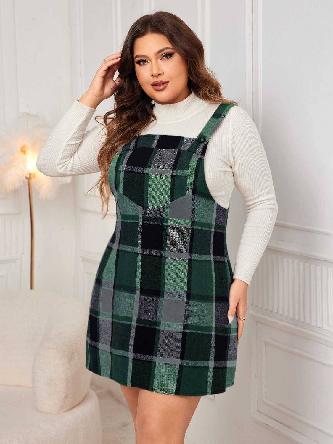 Honey Plus Size Plaid Wide Strap Overall Dress | Maekery Studio