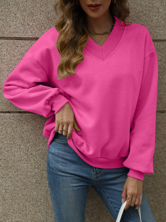 V-Neck Long Sleeve Dropped Shoulder Sweatshirt | Maekery Studio