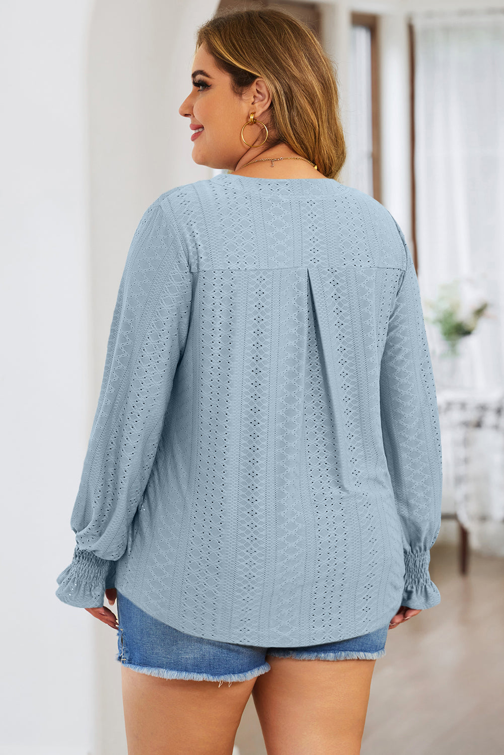 Plus Size Eyelet Notched Flounce Sleeve Blouse | Maekery Studio