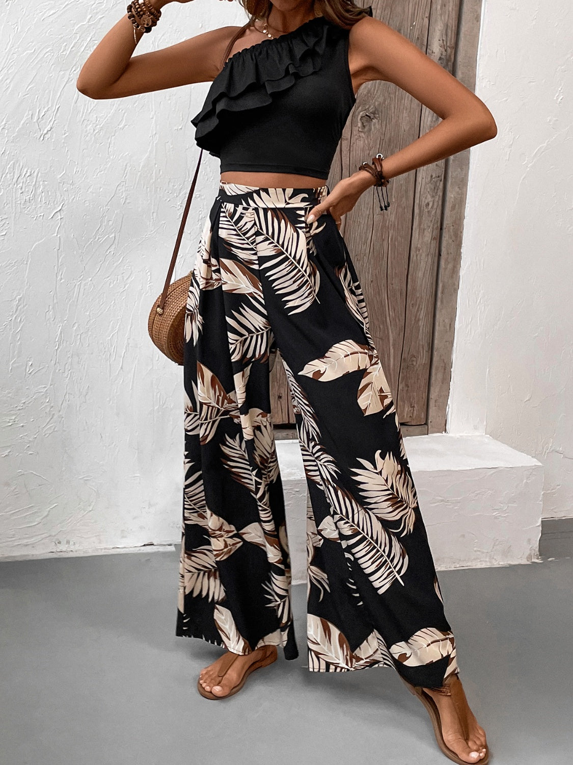 Honey Ruffled Sleeveless Top and Printed Pants Set | Maekery Studio