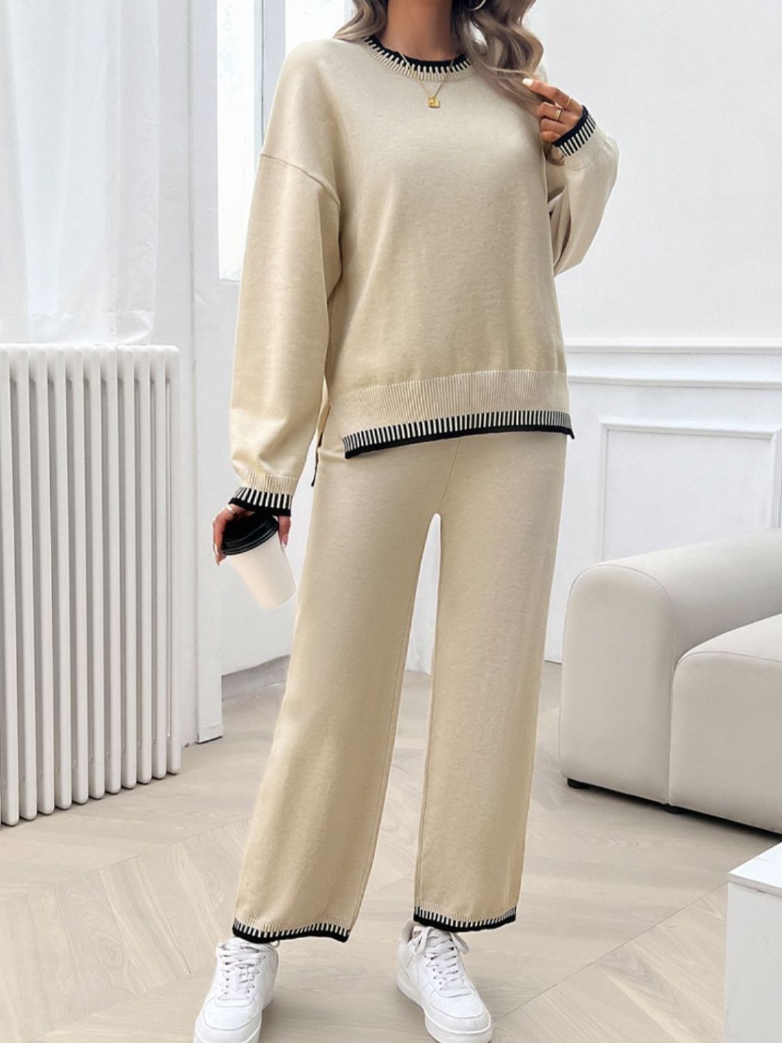 Devine Round Neck Dropped Shoulder Top and Pants Sweater Set | Maekery Studio