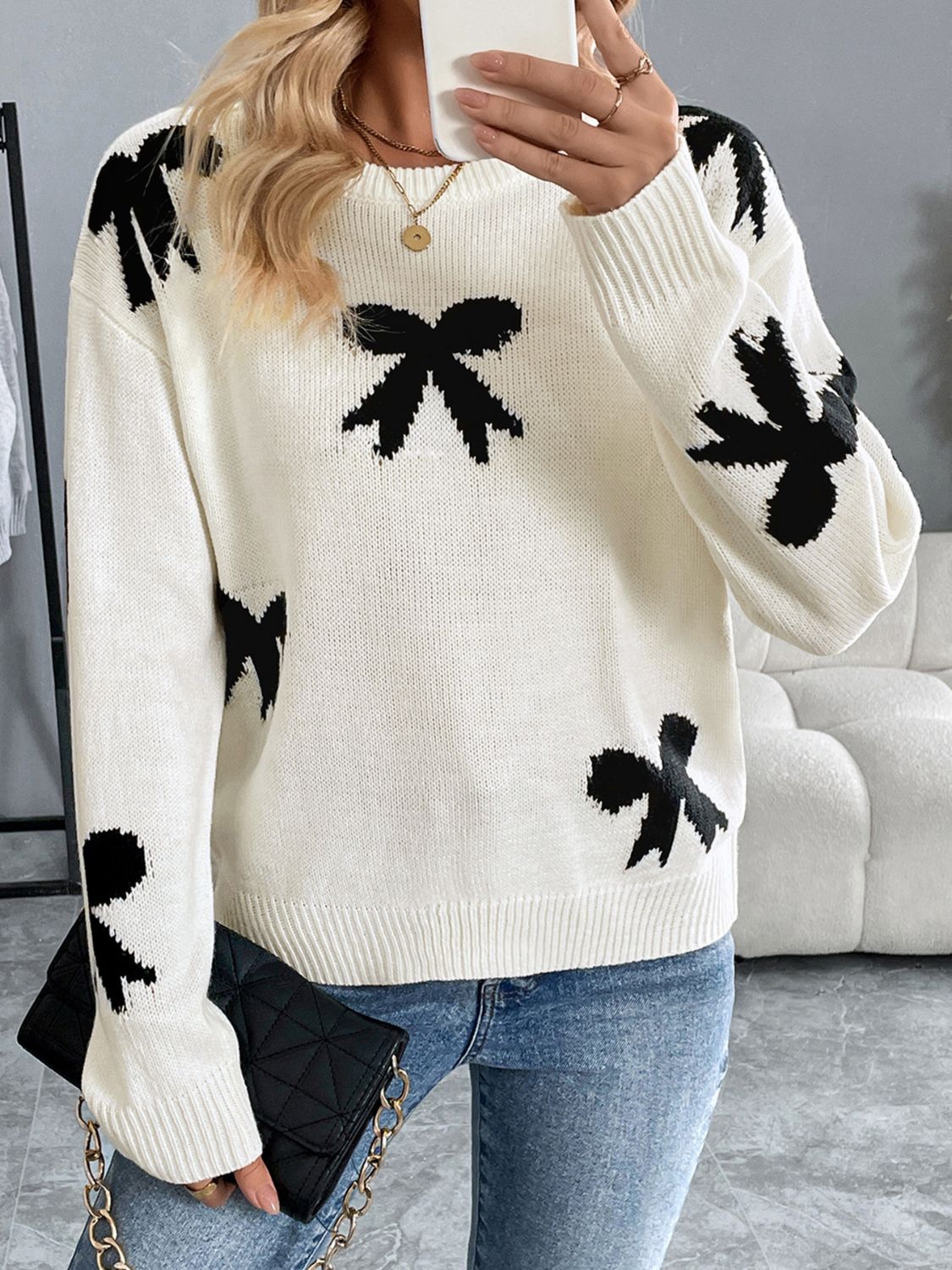 Perfee Bow Graphic Round Neck Long Sleeve Sweater | Maekery Studio