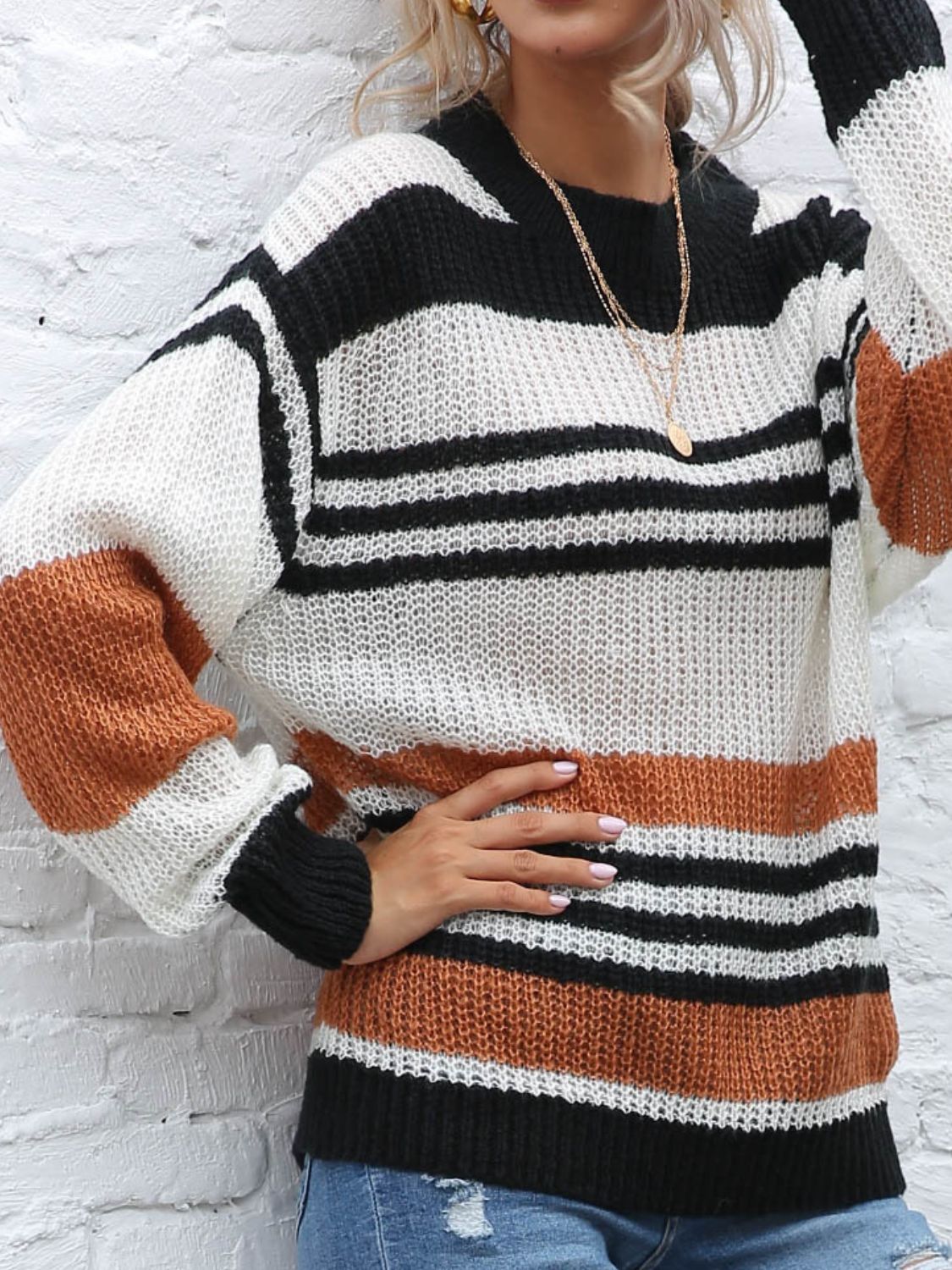 Contrast Striped Round Neck Long Sleeve Sweater | Maekery Studio