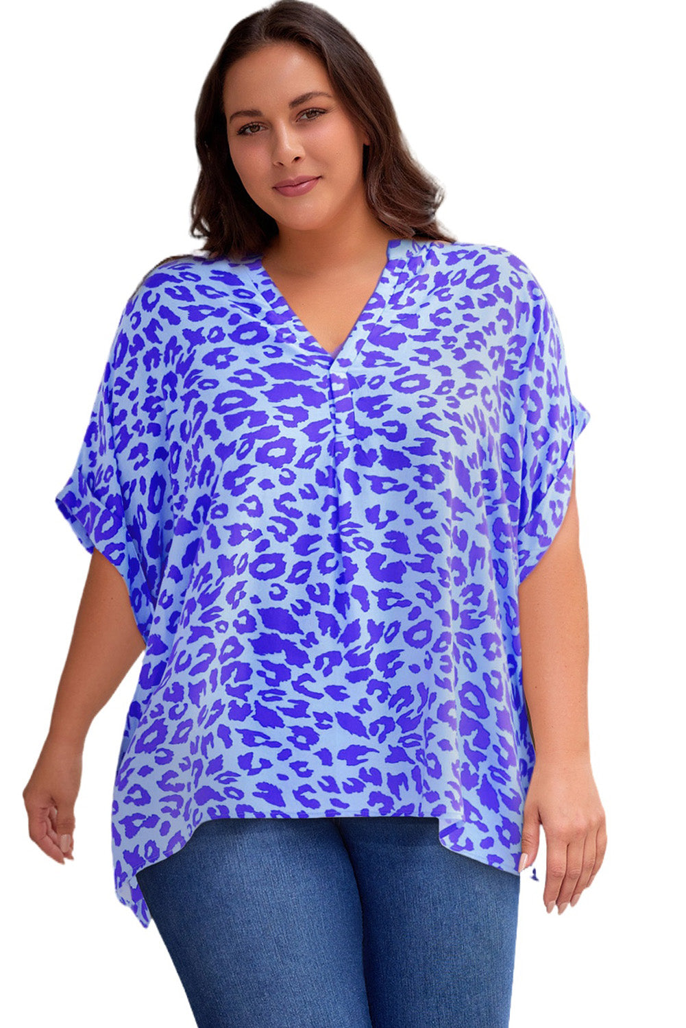 Plus Size Printed Notched Neck Half Sleeve Top | Maekery Studio