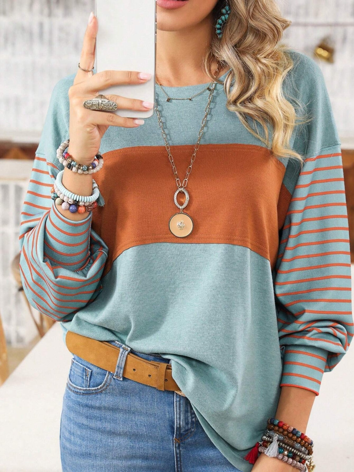 Round Neck Striped Long Sleeve Slit T-Shirt