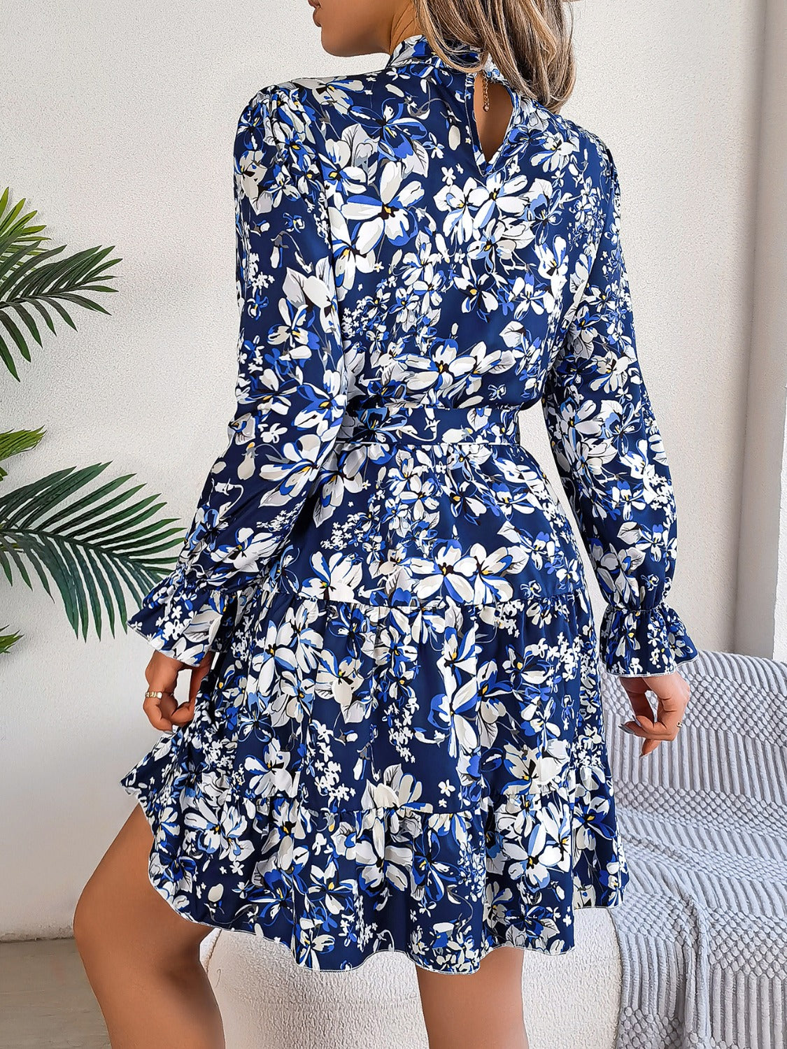 Printed Mock Neck Flounce Sleeve Mini Dress | Maekery Studio