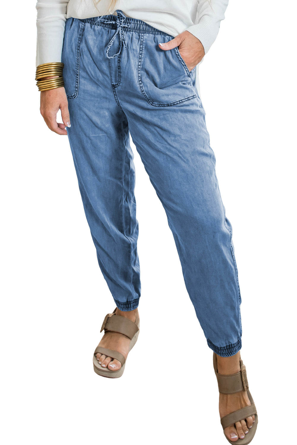 Dusk Blue Drawstring Waist Pocketed Plus Size Denim Joggers | Maekery Studio