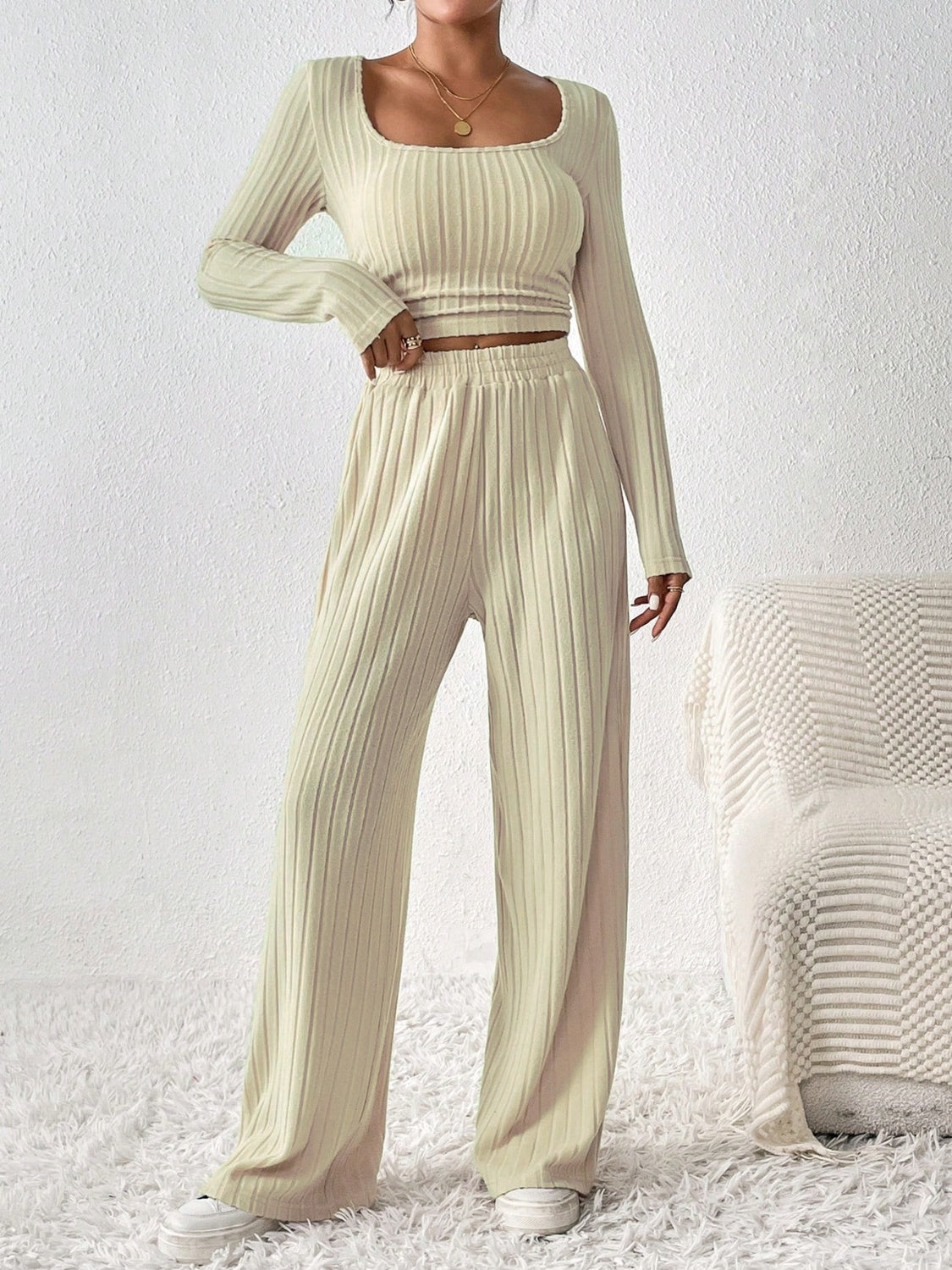 Honey Scoop Neck Long Sleeve Top and Pants Set | Maekery Studio