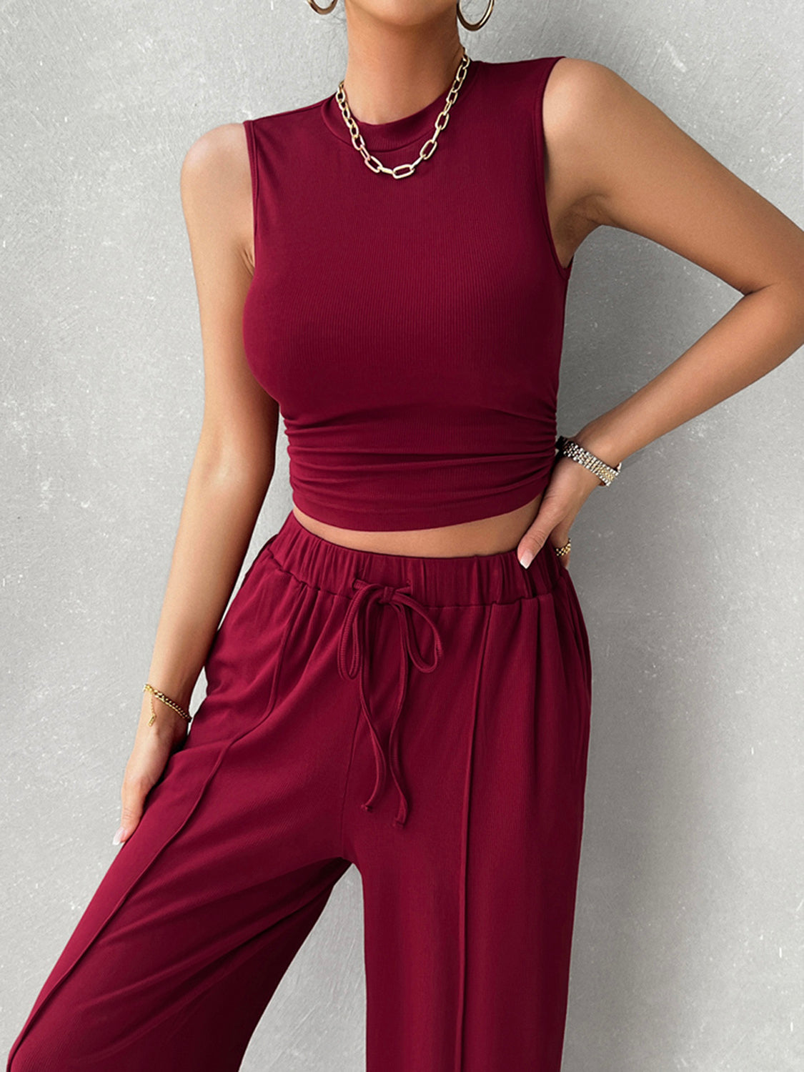 Devine Mock Neck Sleeveless Top and Drawstring Pants Set | Maekery Studio