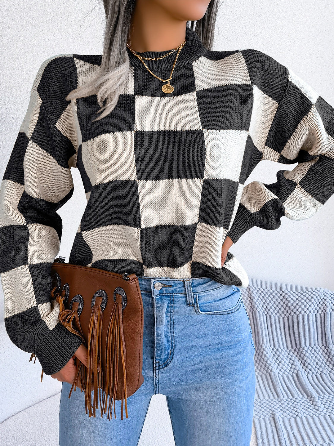 Checkered Mock Neck Long Sleeve Sweater | Maekery Studio