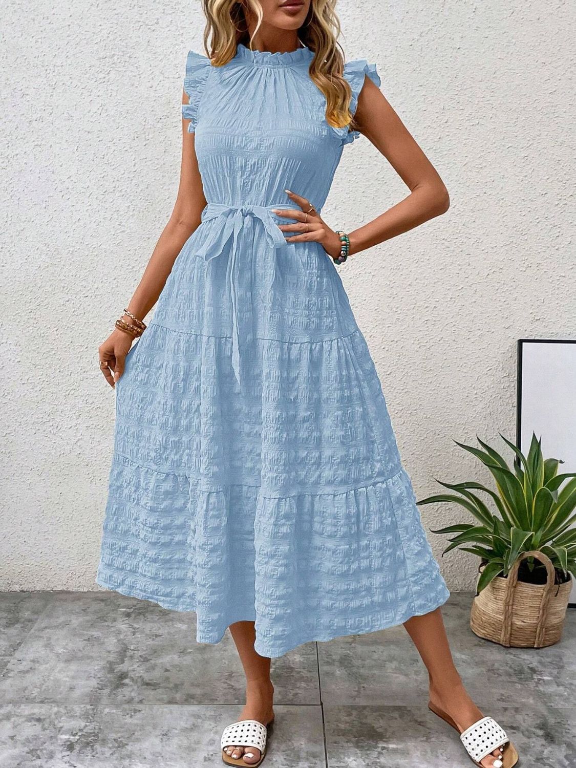 Tied Ruffled Cap Sleeve Midi Dress | Maekery Studio