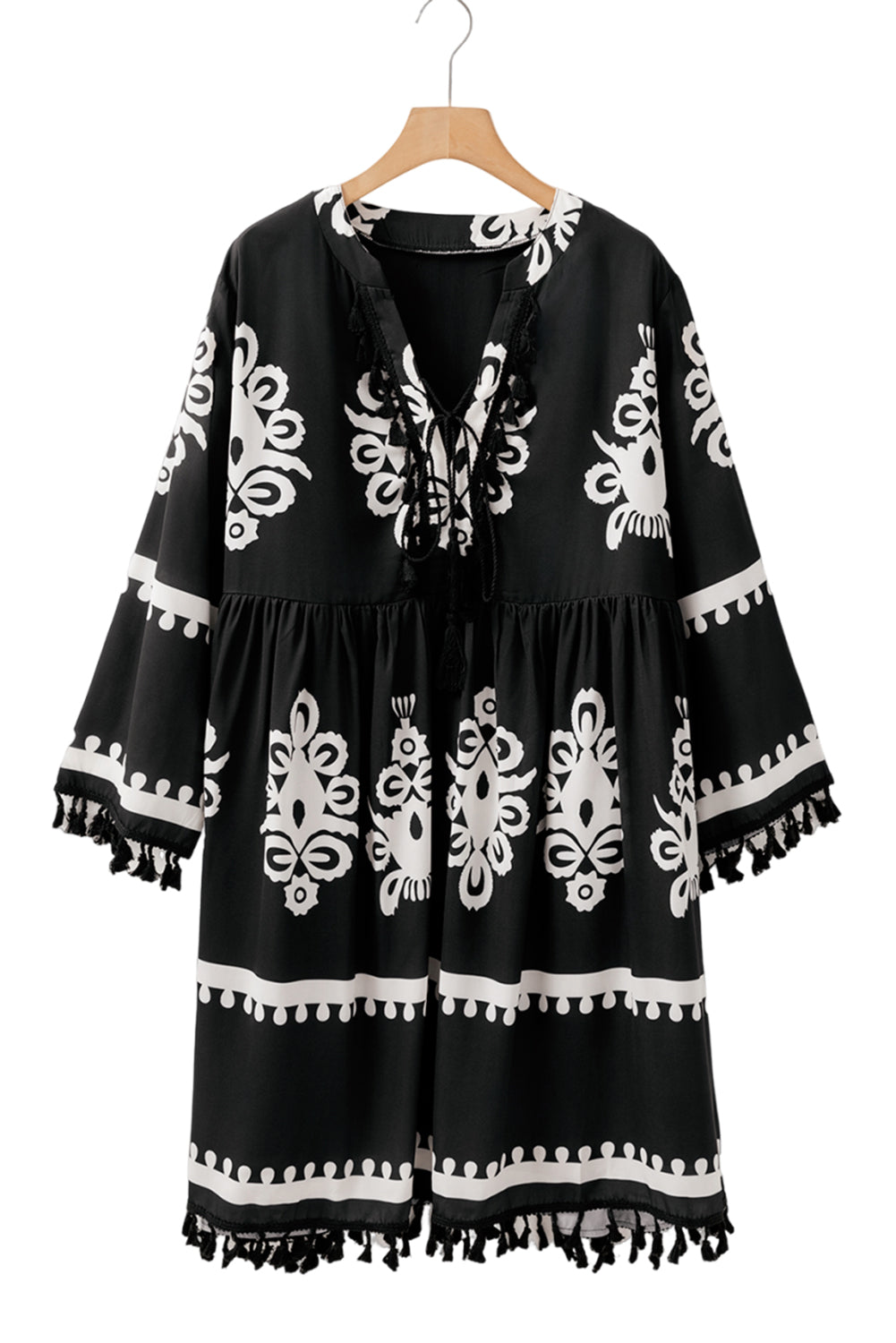 Black Ethnic Print Fringe Hem Plus Size Dress | Maekery Studio