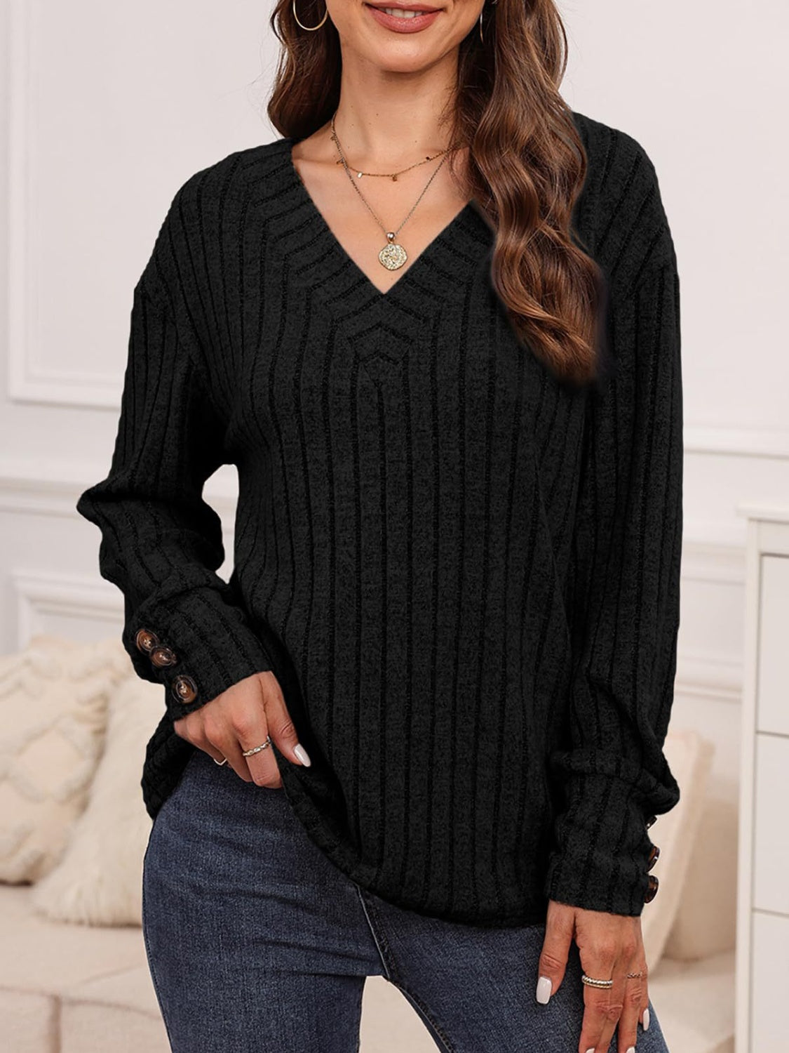 Ribbed V-Neck Long Sleeve T-Shirt | Maekery Studio