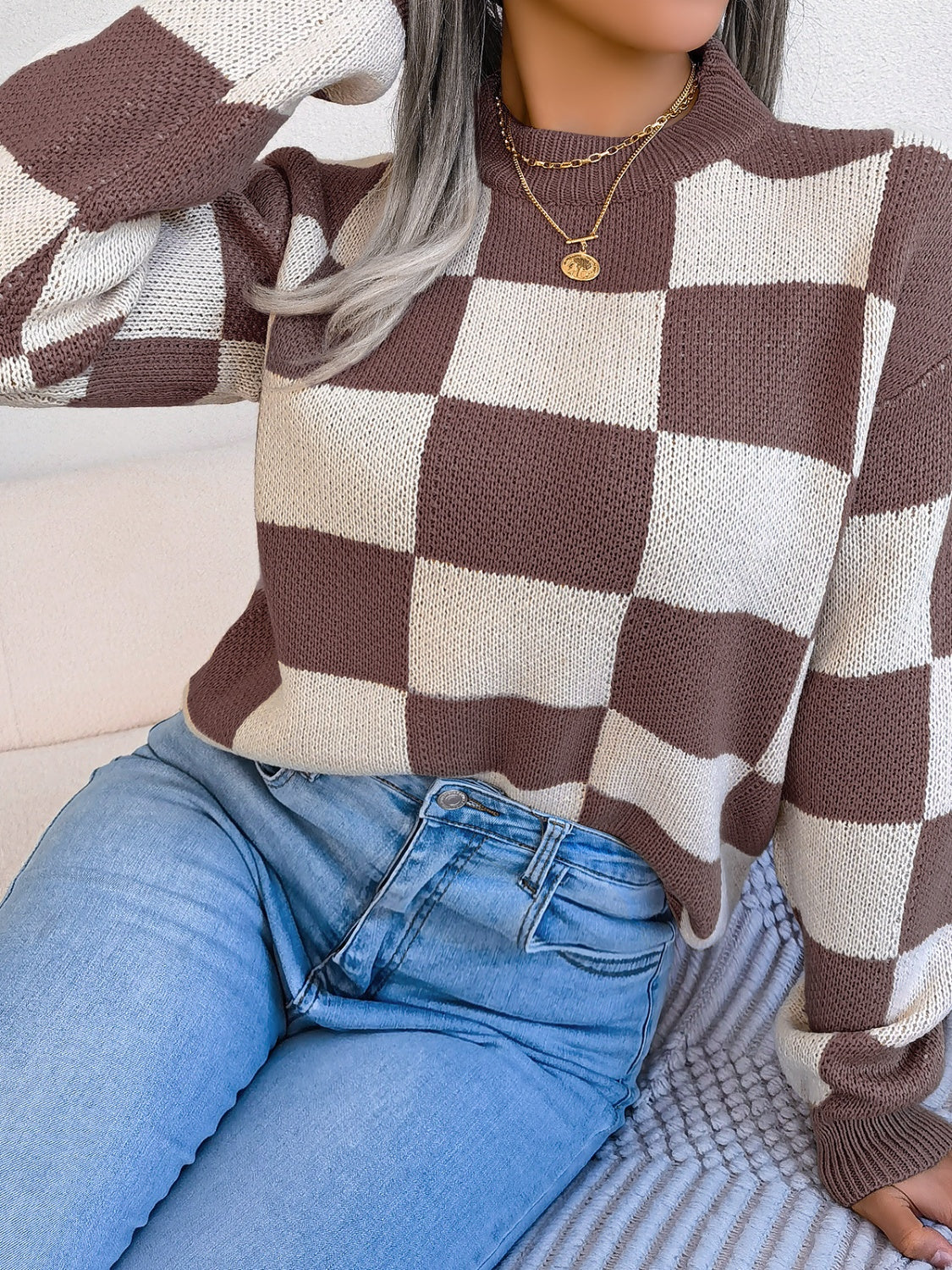 Checkered Mock Neck Long Sleeve Sweater | Maekery Studio