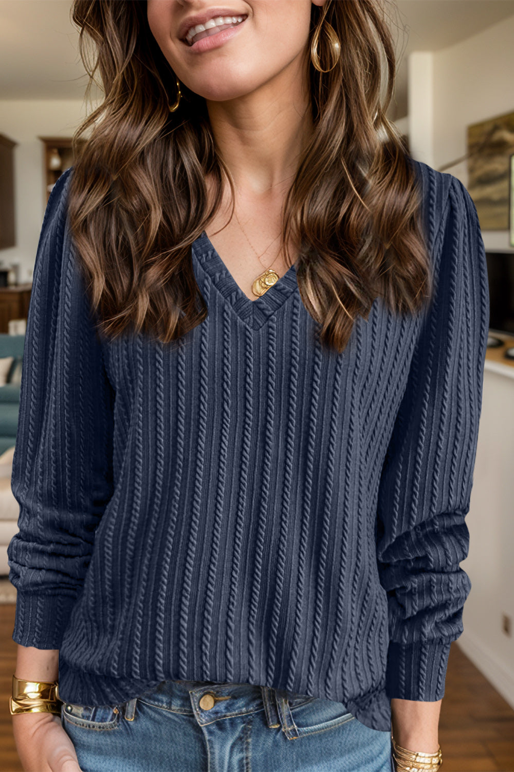 Textured V-Neck Long Sleeve T-Shirt | Maekery Studio