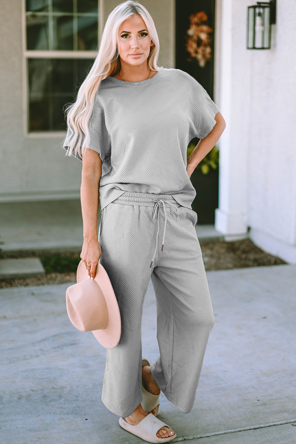 Double Take Full Size Texture Short Sleeve Top and Pants Set | Maekery Studio