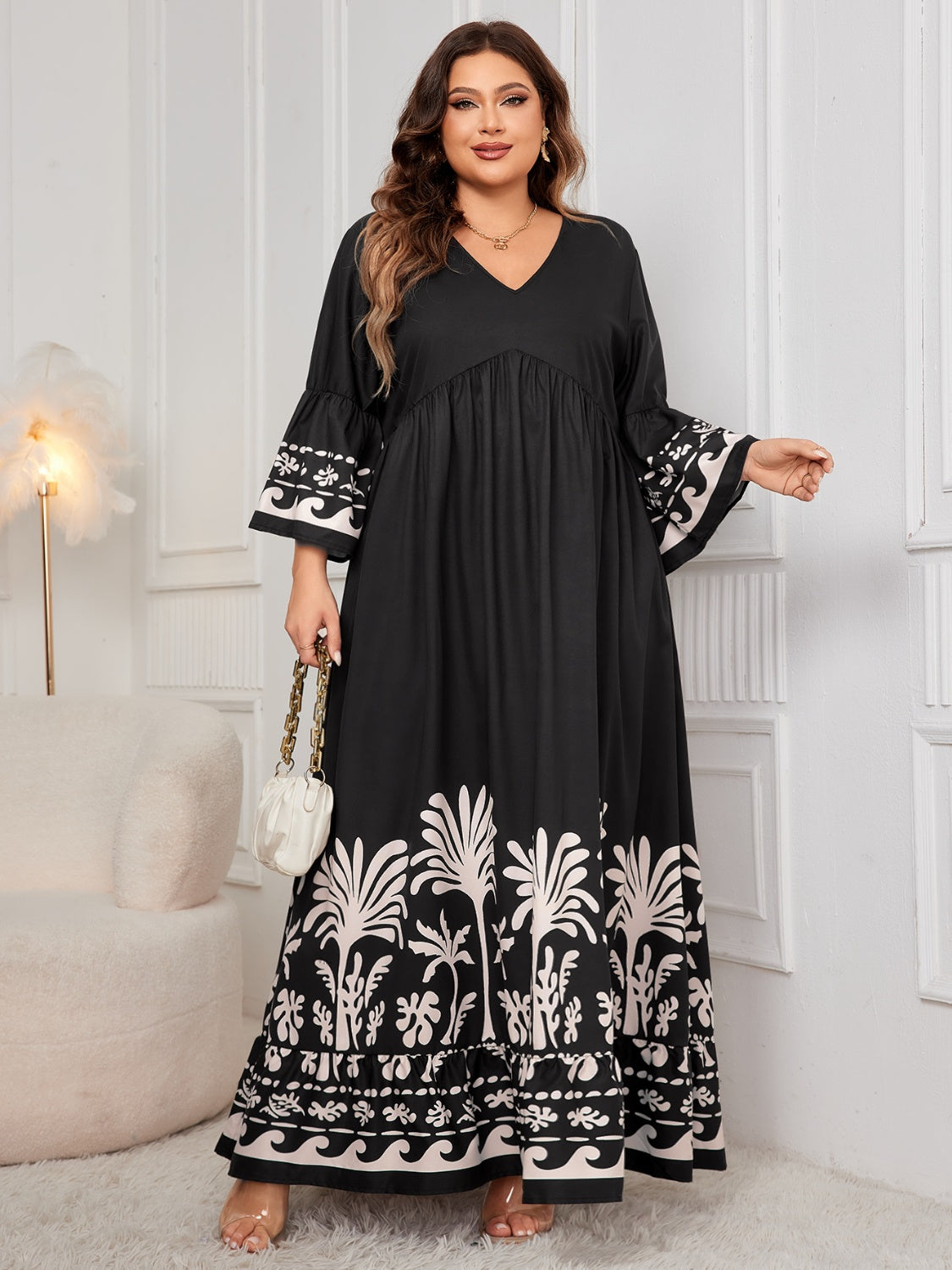 Honey Plus Size Printed V-Neck Long Sleeve Maxi Dress | Maekery Studio