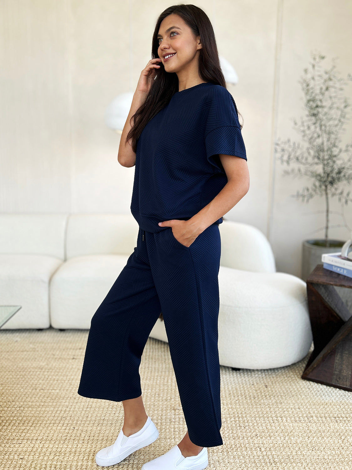 Double Take Full Size Texture Short Sleeve Top and Pants Set | Maekery Studio