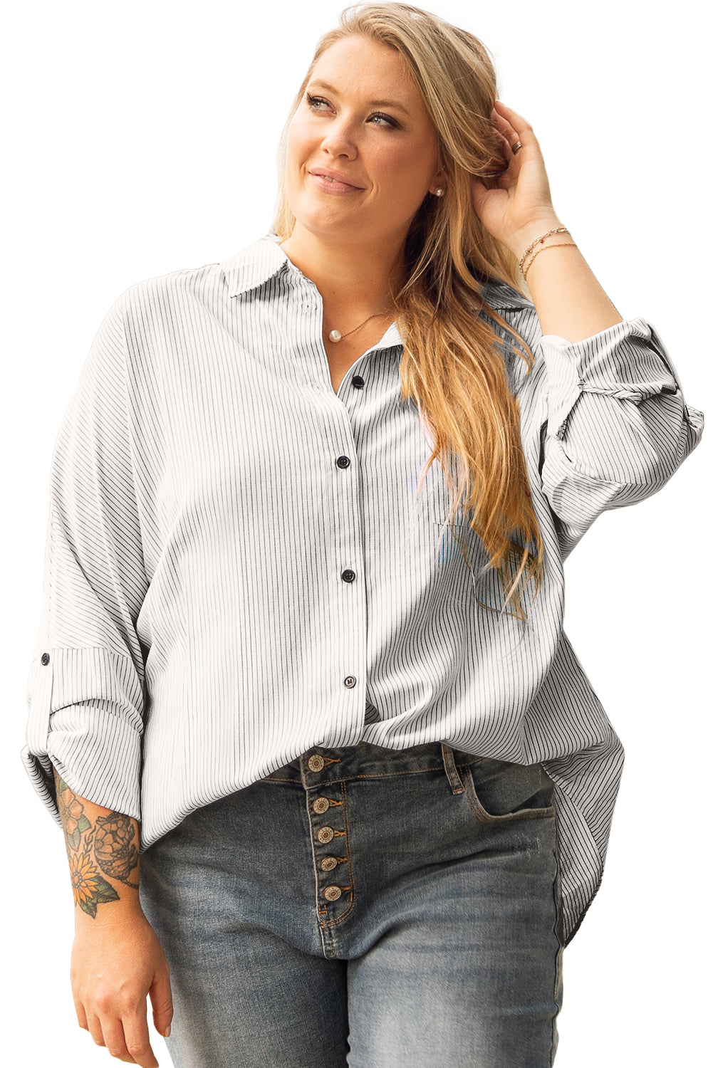 White Stripe Rolled Tab Sleeve Buttoned Plus Size Shirt | Maekery Studio