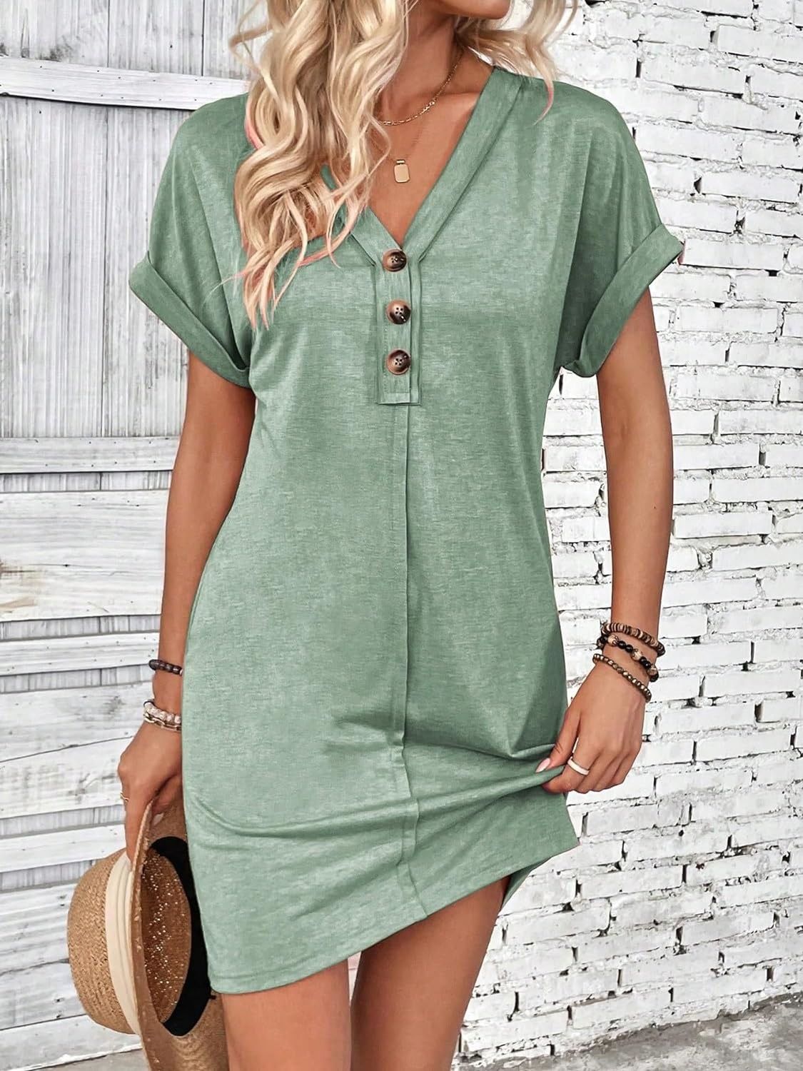 Quarter Button V-Neck Short Sleeve Dress | Maekery Studio