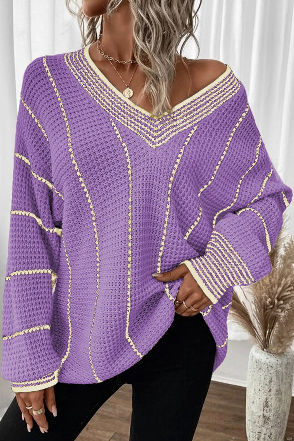 Striped V-Neck Dropped Shoulder Sweater | Maekery Studio